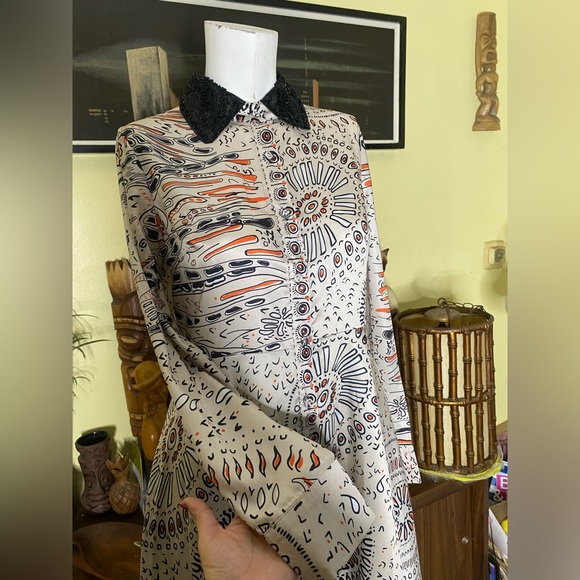 Ladies retro boho button up dress beaded MOD contemporary avant-guards vintage - Picture 6 of 10